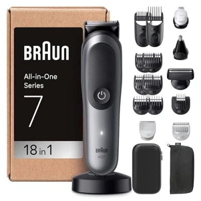 Image de Braun Kit Tondeuse Tout En Un Series 7, 18 1, Lame ProBlade, AutoSense, 120 Min D&#039;autonomie, Protection SkinGuard, Barbe Dégradé, Manche AquaGrip Pratique Sous L&#039;eau, AIO7585, Gris