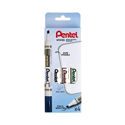 Image de Pentel MW86/4 Pochette de 4 Marqueurs effaçables pour tableau Blanc pointe biseautée moyenne Noir/Rouge/Bleu/Vert