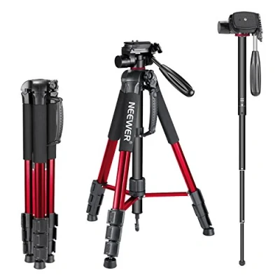 Image de Neewer Trépied Monopode Portable 177 cm en Alliage Aluminium avec Tête 3 Voies Pivotante Panoramique, Sac pour DSLR, DV Vidéo Caméscope, Charge Admissible de 4 Kilogrammes Rouge (Sab264)