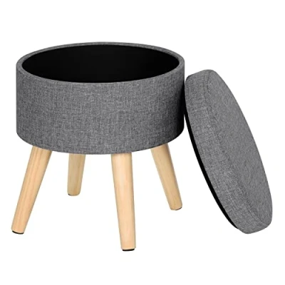 Image de WOLTU® SH08hgr 1 Tabouret Rond Pouf Coffre de Rangement Repose Pieds,siège en Lin Pieds Bois Massif,Gris Clair