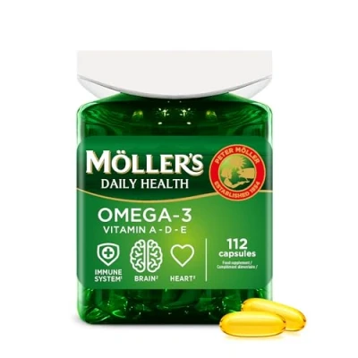 Image de Moller’s ® capsules oméga 3 Huile de poisson Complément alimentaire nordique d&#039;oméga avec EPA, DHA, vitamines A, D et E Marque vieille 166 ans Daily Health 112