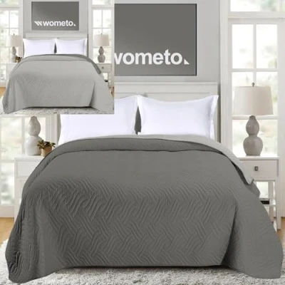 Image de wometo Couvre lit 170 x 210 cm Certifié Oeko Tex Housse en microfibre Vert Gris clair Rembourré Design réversible XXL