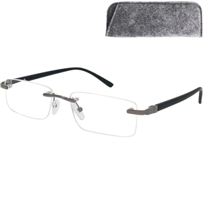 Image de Mini Brille Lunettes de Lecture Percées Sans Cerclage avec Verres Transparents Rectangulaires, Boite Lunette Inclus, Cadre en Acier Inoxydable (Noir), Homme et Femme +1.5 Dioptrie