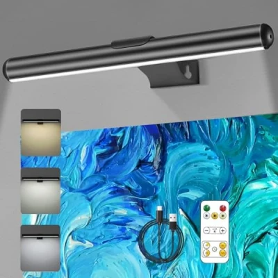 Image de Applique Murale pour Tableau avec télécommande, Appliques murales Rechargeables sans Fil de 4 400 mAh, 3 températures Couleur, luminosité réglable, minuterie à intensité Variable, lumière Cible