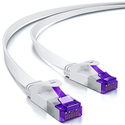 Image de deleyCON 20m Câble Réseau Plat Cat7 (Cat 7 avec 10 Gbit/s) Gigabits RJ45 Ethernet de Brassage D&#039;installation pour L&#039;Internet Routeurs Panneau Raccordement Blanc