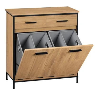 Image de EUGAD Armoire de Salle Bain, Meuble d’appoint avec 2 Tiroirs, Paniers à Linge Basculants, Placard WC Étroit, en MDF Robuste, Cadre Métallique, Chêne Clair + Noir, 72,5x34x80 cm