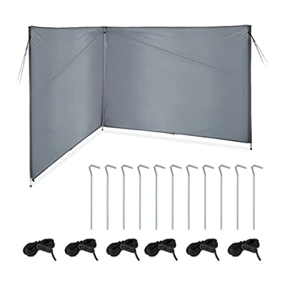Image de Relaxdays Auvent, Brise Vue Camping &amp; Plage, H x L: 1,5 4 m, Barres en Acier, Polyester, avec Sardines et Cordes, Gris
