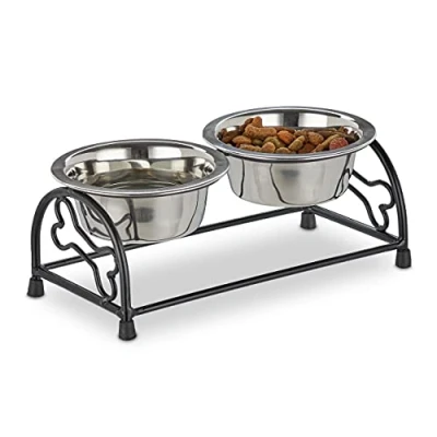 Image de Relaxdays Porte gamelles pour Chiens et Chiots, 2 écuelles, chacune ayant Un Volume de 300 ML, Noir/argenté