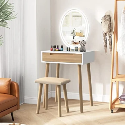 Image de YU YUSING Coiffeuse LED Lumière Dimmable Table de Maquillage avec Miroir et Tabouret, Spacieu tiroir Coulissants, Couleur Bois, Ovale Un