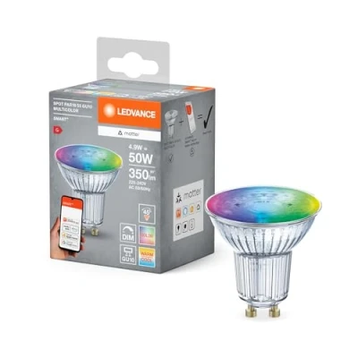 Image de LEDVANCE SMART+ MATT LED Reflector Lamp, compatible avec Google, Alexa, Apple, Glass, 4,9W, 350LM, GU10, Couleur Lumière et blanche, Vocal Control, jusqu&#039;à 20 000 HRs, 1 Pack