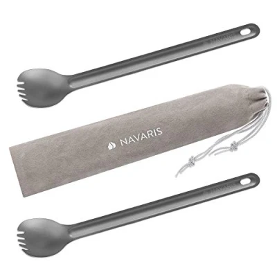 Image de Navaris Couvert Camping 2en1 Lot 2X Extra Long Multifonction avec Fourchette Cuillère en Titane Georgette Randonnée Pique Nique