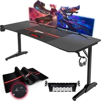 Image de Devoko Gaiming Table de Jeu, Ergonomique, 180 cm, avec boîte Rangement des câbles, Porte gobelet et Support pour Casque en Forme T, Noir, x 70 75 cm