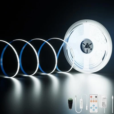 Image de PAUTIX Ruban LED COB Blanc Froid 6000K, 10M 4800LEDs 24V CRI90+ Kit Bande Lumineuse Lumineux Dimmable avec Télécommande RF et Alimentation pour Miroir,Plafond,Cuisine,Armoire,Placard