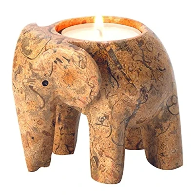 Image de 7,6 cm Photophore pour Bougie Chauffe Plat Éléphant en Pierre Fossile Lumière de Thé Incluse!