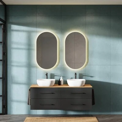 Image de Planetmöbel Lux Ensemble de meubles salle bain avec lavabo 140 cm, 2 lavabos à poser 42 cm blanc, miroirs 50 (sans LED), chêne doré/anthracite