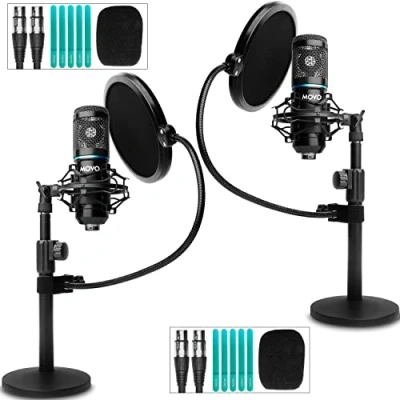 Image de Movo PodPak2T Lot de 2 microphones à condensateur XLR universels pour Comprend micros cardioïdes, des supports bureau, anti chocs, filtres pop et câbles Kit podcast