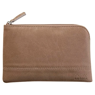 Image de RHODIA 116525C Pochette Zippée en Simili Cuir Taupe Taille S (11 x 17 cm) Coutures Véritables Intérieur Tissu Orange Rangement Documents, Petites Fournitures