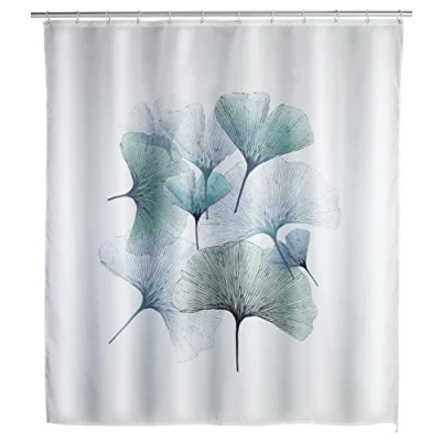 Image de WENKO Rideau de Douche antimoisissure Gingko Revêtement antibactérien et Hydrofuge Base lestée Lavable en Machine 30 Anneaux Inclus Polyester 180x200 cm Blanc à Motif