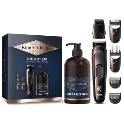 Image de Coffret cadeau style parfait pour homme King C. Gillette un rasage de barbe rapide et facile, avec 1 tondeuse à électrique 4 différents sabots nettoyant 3 en