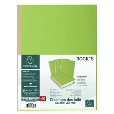 Image de Exacompta Réf. 416007E Paquet de 10 chemises rigides à soufflet dos toilé ROCK&#039;&#039;S 320 g/m² 30 mm certifiées PEFC™ dimensions 24 x 32cm pour documents format A4 couleur vert