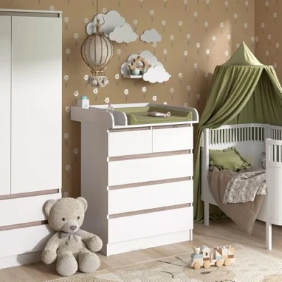 Image de Vicco Commode à Langer Emma, Blanc/Sonoma, 80x110.2cm avec 5 tiroirs