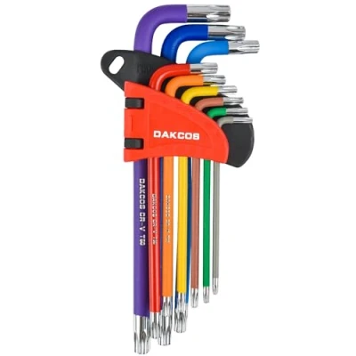 Image de DAKCOS Jeu de clés TORX T10 T50, 9 pièces coudées avec trou frontal, CR V, pour vis internes, dans un clip plastique