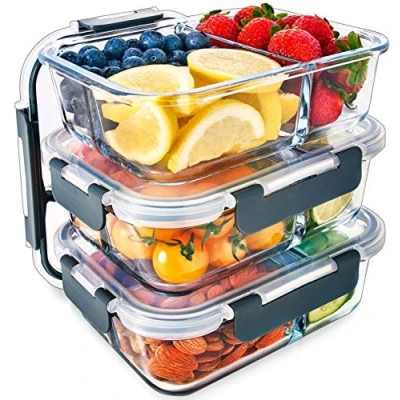 Image de Igluu Meal Prep [Lot de 3] Boîtes alimentaires à 3 compartiments en verre pour préparation des repas Réutilisables, sans BPA Compatibles Micro ondes, lave vaisselle et congélateur