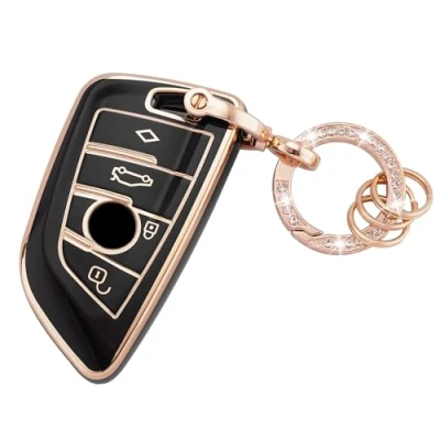 Image de Koaudb Coque de clé Voiture pour BMW Soft TPU Full Protection Smart Key Case Noir Or avec Porte clés Fit X1 X2 X3 X5 X6 2 5 6 7 Series 3 4 Boutons Fob (R BM 4D B)