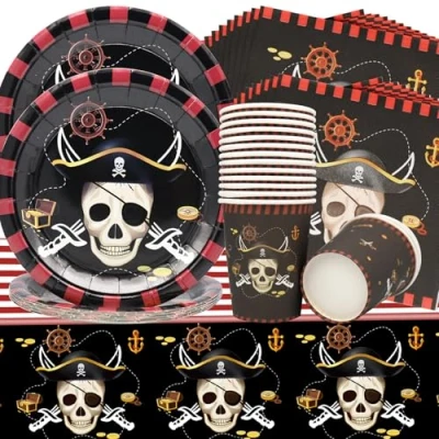 Image de Doyomtoy 53pz Vaisselle de fête Pirate kit pour 16 Invités Nappe Assiettes Serviette en Papier Gobelet Convient Thème les fêtes d&#039;anniversaire d&#039;enfants