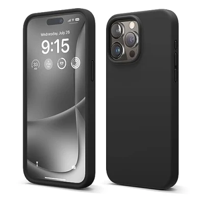 Image de elago Coque Silicone Liquide Compatible avec iPhone 15 Pro Max, Qualité Supérieure, Protection Intégrale [Structure Antichoc 4 Couches], Doublure Microfibre Douce Anti Rayures (Noir)