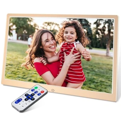 Image de TSITSC Cadre photo numérique de 30,5 cm, écran IPS 1280 x 800, calendrier, fonction horloge, musique, photo, lecteur vidéo avec télécommande, prend en charge les cartes USB/SD (doré)