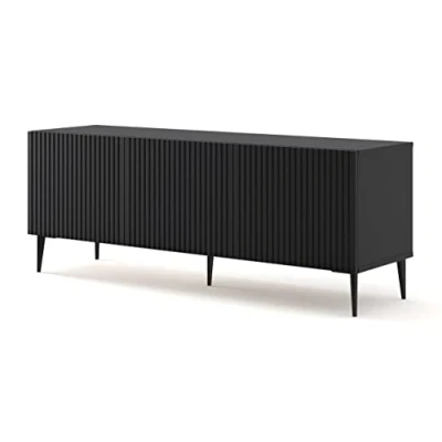 Image de BIM Furniture Ravenna B Meuble TV 150 cm 3D avec façade fraisée pieds en métal MDF de qualité supérieure Buffet Commode (noir mat, noirs)