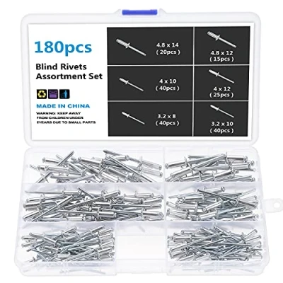 Image de Gueenky 180 Pièces Rivets Pop en Aluminium 3,2/4/4,8 mm, 6 Tailles Kit d&#039;Assortiment de Rivet Pop, Aveugles avec Boîte Rangement Box for Metal Wood Plastic