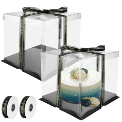 Image de REFORUNG 2 Pièces Boîtes à Gâteaux Transparente 8 Inch Boîte en plastique avec ruban d&#039;emballage de Boulangerie Double Couche fête Mariage (26 * 26 18cm)