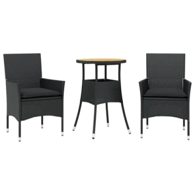 Image de Ensemble à manger de jardin et coussins 3 pcs noir rotin acacia