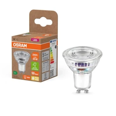 Image de OSRAM LED PAR16 de classe énergétique 1,3 W, 240 lm, blanc chaud (2700 K) en verre transparent sans plomb avec culot GU10 d&#039;efficacité A, diamètre 50 mm, pack IP20.6