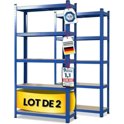 Image de KARAT Lot de 2 étagères pour charges lourdes Étagère enfichable Certifiée TÜV/GS 5 tablettes réglables (bleu, 50 x 100 200 cm)