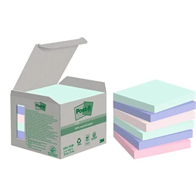 Image de Post it Notes Recyclées, Couleurs Assorties, Pack de 6 Blocs, 100 Feuilles par Bloc, 76 mm x mm, Vert, Rose, Bleu Autocollantes Fabriquées avec du Papier Recyclé à 100%