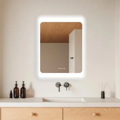 Image de HOKO® Mural Miroir LED pour Salle DE Bain 60x80 cm+Anti BUÉE avec Chauffage Miroir+Horloge Digitale. Interrupteur Tactile+Lumière Variable Chaud Froid Neutre 2700 6500k