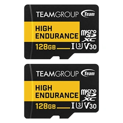 Image de TEAMGROUP THUSDX128GIV3067 Lot de 2 cartes mémoire Flash haute endurance 128 Go UHS I U3 V30 100 Mo/s Conçu pour la surveillance stable et durable Carte Caméra sécurité Enregistrement