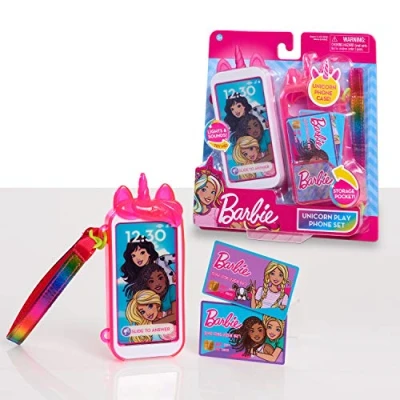 Image de Coffret téléphone licorne Barbie avec effets sonores et lumineux, coque de dotée d’une dragonne, téléphones portables pour enfants, jouets enfants 3 ans plus par Just Play