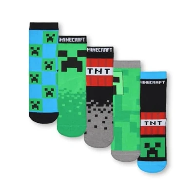 Image de Minecraft Lot de 5 Paires Chaussettes pour Garçons Montantes avec Creeper et TNT en Imprimé Répété Noir, Vert Bleu Enfants Gamers