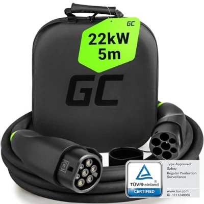 Image de Green Cell GC Snap Type 2 Cable de Recharge 22kW 5m 32A pour EV Voiture Électrique 3 Phases TÜV Compatible avec Model Y S X, E 208, 500e, 600e, ID.3, ID.4, i4, iX1, EV6, Mach
