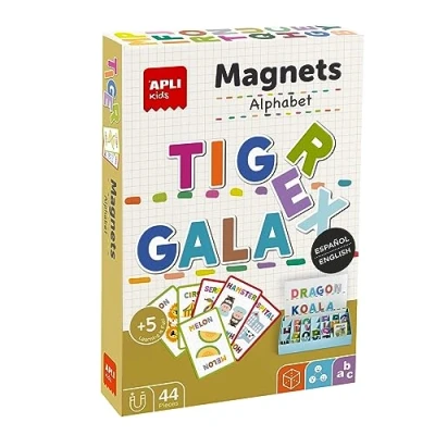 Image de APLI Kids 19443 Jeu magnétique Alphabet avec Tableau et fiches pour Apprendre à écrire jusqu&#039;à 30 Mots dans 2 Langues. Les Enfants âgés de 5 Ans Plus. Anglais/Espagnol.