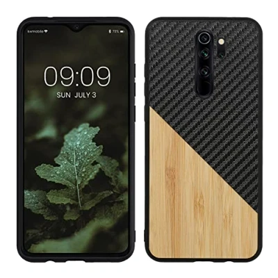 Image de kwmobile Coque Compatible avec Xiaomi Redmi Note 8 Pro Housse en Bois et Fibre Carbone Marron Clair Noir