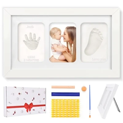 Image de Wantli Kit Empreinte Bébé, Cadre Main Pied Bebe, Souvenir Personnalisé Avec Argile, Emplacement Photo Et Tampons Lettres, Idéal Comme Cadeau De Naissance Pour Bébé