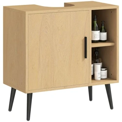 Image de Meuble sous lavabo salle de bain HOMCOM porte à fermeture progressive et étagère réglable 60 x 30 59,5 cm chêne