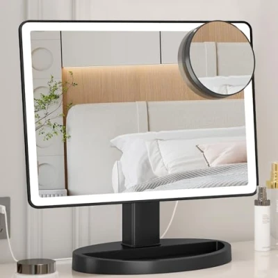 Image de Grand miroir de maquillage lumineux (modèle XL) 3 modes d&#039;éclairage couleur avec 88 LED, écran tactile rotatif à 360 et grossissement x10 (noir)