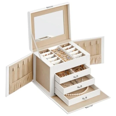 Image de SONGMICS Boîte à Bijoux 4 Niveaux, Écrin Accessoires, Coffre, avec Poignées, 3 Tiroirs, Miroir, Serrure, Rangement pour Voyages, Surface Blanc Nuage, Doublure Beige Sable JBC159W01
