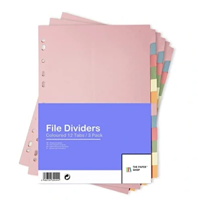 Image de [Lot de 3] Intercalaires Classeur a4 12 Onglets positions multi trous perforés dans des couleurs assorties